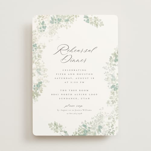 This is a linen rehearsal dinner invitations with standard by Robert and Stella called greenery swash printing on signature in standard