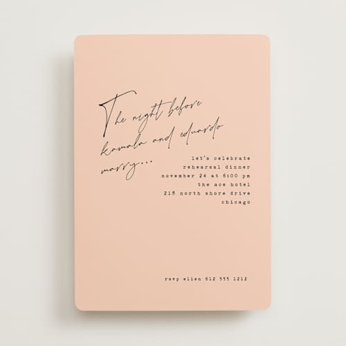 This is a blush rehearsal dinner invitations with standard by Susan Brown called just a note printing on signature in standard