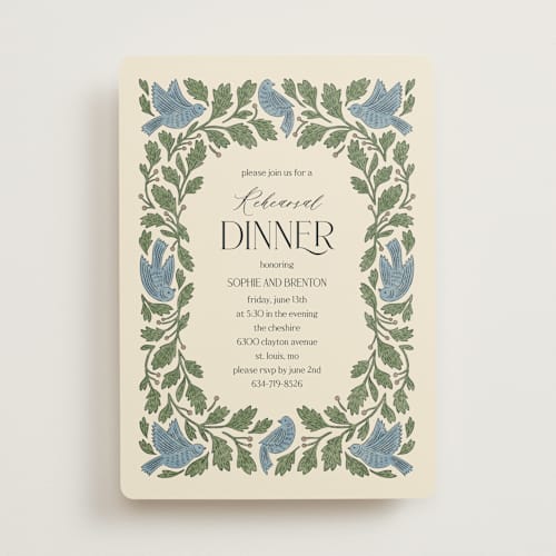 This is a bluebird rehearsal dinner invitations with standard by Jen Owens called birdies printing on signature in standard