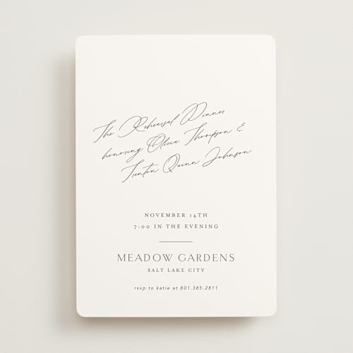 This is a salt rehearsal dinner invitations with standard by Stephanie Hawkes called scripts printing on signature in standard