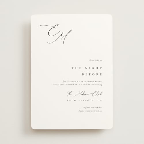 This is a silk rehearsal dinner invitations with standard by Kelly Schmidt called corner printing on signature in standard