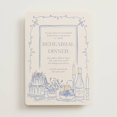 This is a balmy blue rehearsal dinner invitations with standard by Sabrin Deirani called table feast printing on signature in standard