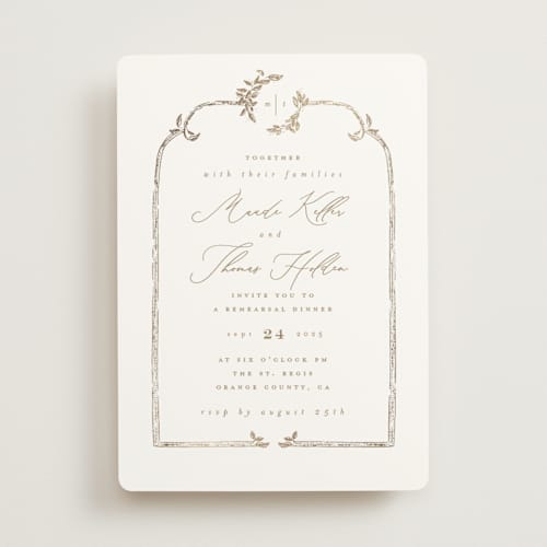 This is a porcelain rehearsal dinner invitations with foil pressed by Leah Bisch called reflection printing on signature in standard