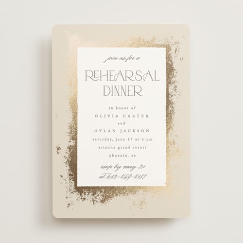 This is a champagne rehearsal dinner invitations with foil pressed by Creo Study called timeless glimmer printing on signature in standard
