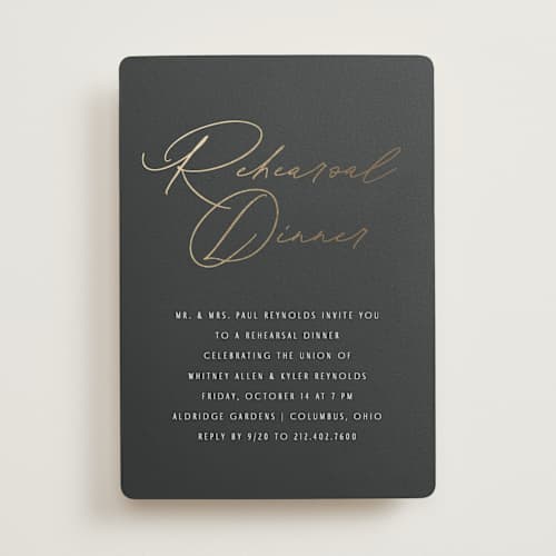 This is a midnight rehearsal dinner invitations with foil pressed by Amy Kross called jasper printing on signature in standard