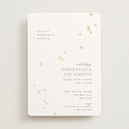 This is a linen rehearsal dinner invitations with foil pressed by Robert and Stella called confetti printing on signature in standard