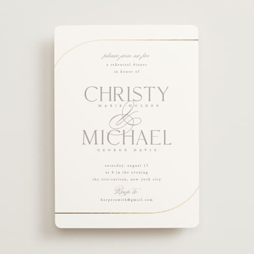This is a lily rehearsal dinner invitations with foil pressed by Creo Study called glimmering sweep printing on signature in standard