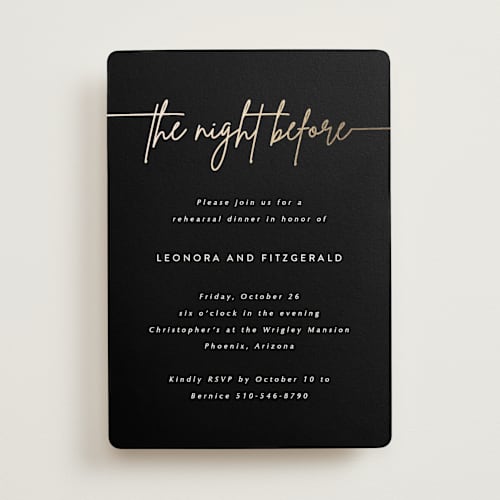 This is a licorice rehearsal dinner invitations with foil pressed by Kampai Designs called lilt printing on signature in standard