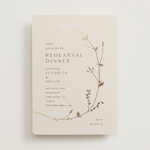 This is a champagne rehearsal dinner invitations with foil pressed by Amy Kross called vine wrap printing on signature in standard