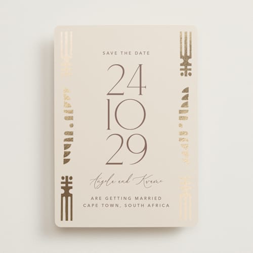 This is a sahara foil stamped save the date cards with foil pressed by David Michuki called cultured element printing on signature in standard