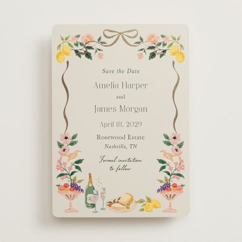 This is a garden foil stamped save the date cards with foil pressed by Elly called garden feast printing on signature in standard