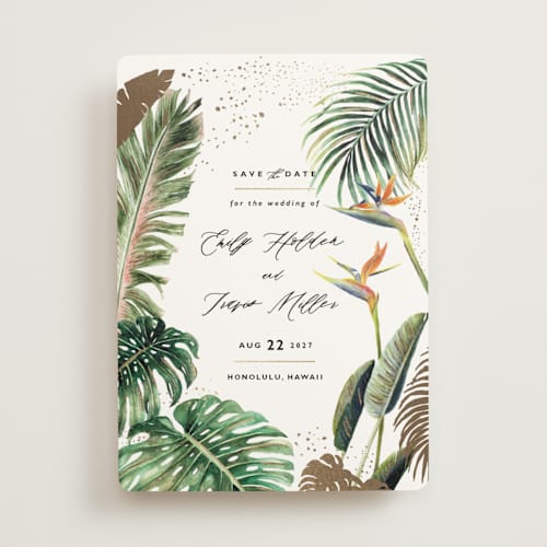 This is a fern foil stamped save the date cards with foil pressed by Elly called our paradise printing on signature in standard