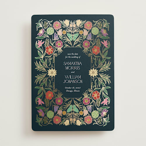 This is a midnight garden foil stamped save the date cards with foil pressed by Simona Camp called gilded tapestry printing on signature in standard