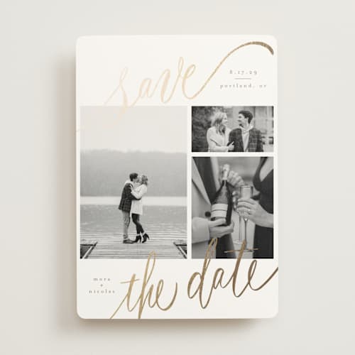 This is a veil foil stamped save the date cards with foil pressed by Elsa Duncan called tri-photo save the date printing on signature in standard