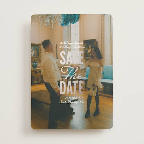 This is a lily foil stamped save the date cards with foil pressed by Owl and Toad called full page printing on signature in standard