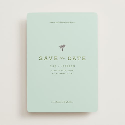 This is a ocean foil stamped save the date cards with foil pressed by Olivia Goree called vacation printing on signature in standard