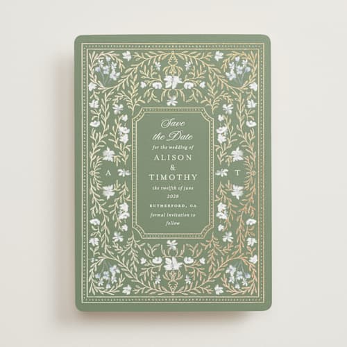 This is a morris foil stamped save the date cards with foil pressed by Claudia Orengo called victorian printing on signature in standard