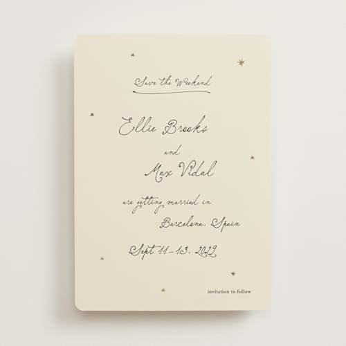 This is a noir foil stamped save the date cards with foil pressed by Ani Somi called written in the stars printing on signature in standard