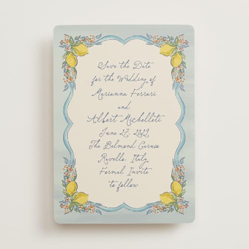 This is a aqua save the date with standard by Chris Griffith called amalfi coast wedding printing on signature in standard