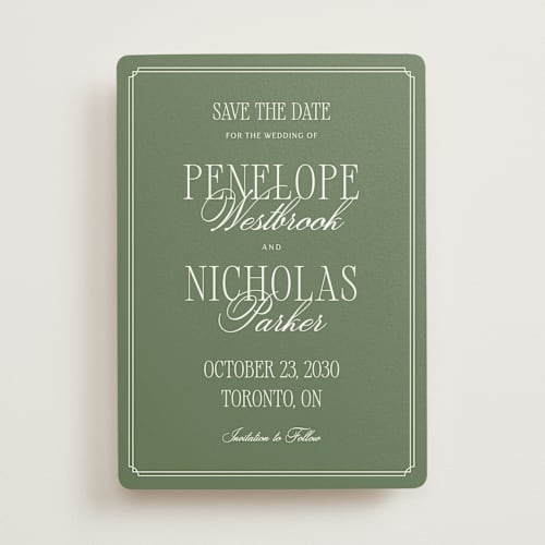 This is a garden save the date with standard by Kelly Schmidt called overlapped script printing on signature in standard