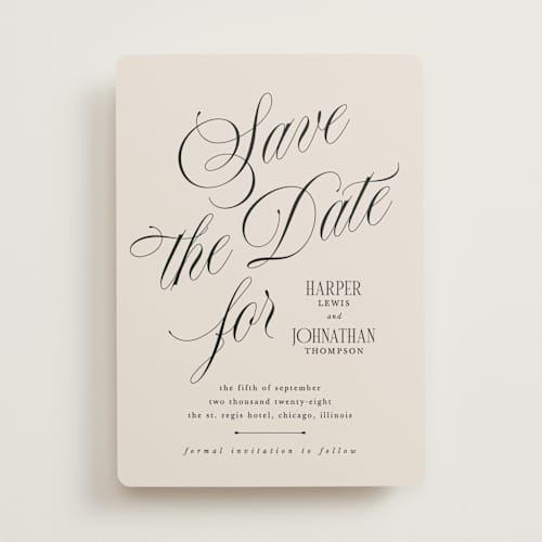 This is a linen save the date with standard by Kate Ahn called mirin printing on signature in standard