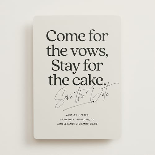 This is a dark chocolate save the date with standard by Jackie Crawford called stay for cake printing on signature in standard