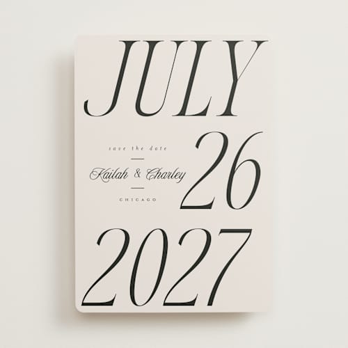 This is a ivory save the date with standard by Melanie Kosuge called grand printing on signature in standard