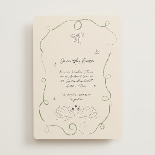 This is a olive save the date with standard by Helena Vitto called the swan printing on signature in standard