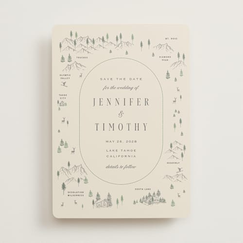 This is a cream save the date with standard by Sherley Ferreira called tahoe lake printing on signature in standard