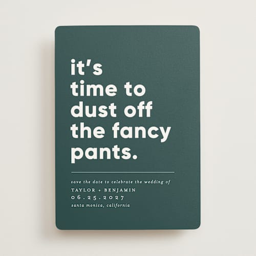 This is a palm save the date with standard by Erica Krystek called fancy pants printing on signature in standard