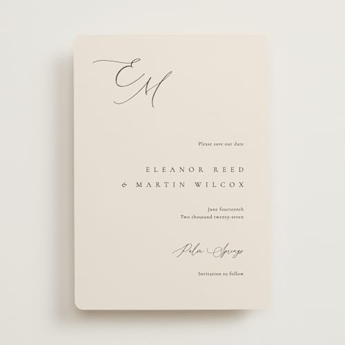 This is a linen save the date with standard by Kelly Schmidt called corner printing on signature in standard