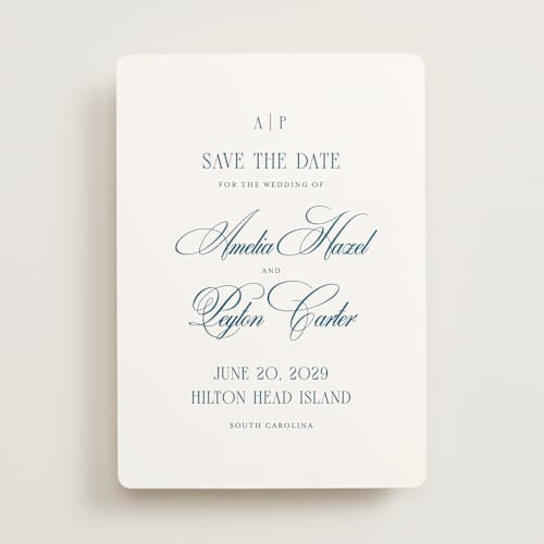 This is a ocean save the date with standard by Kelly Schmidt called hilton printing on signature in standard