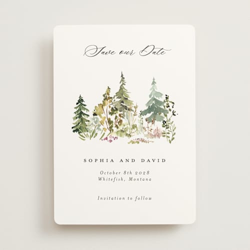 This is a forest save the date with standard by Petra Kern called great outdoors printing on signature in standard