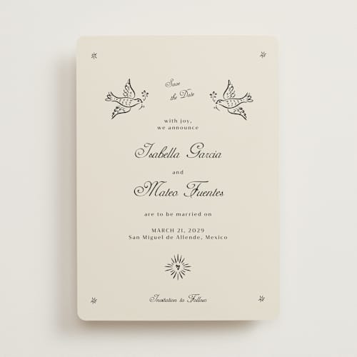 This is a ivory save the date with standard by Ani Somi called milagro printing on signature in standard