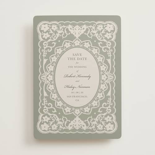 This is a sage save the date with standard by Zove Ahhh called written in romance printing on signature in 5x7