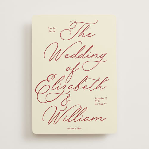 This is a burgundy save the date with standard by Helena Vitto called elizabeth printing on signature in standard