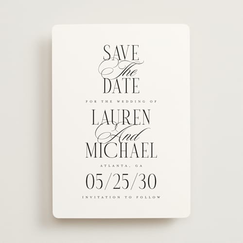 This is a obsidian save the date with standard by Jennifer Postorino called stacked type printing on signature in standard