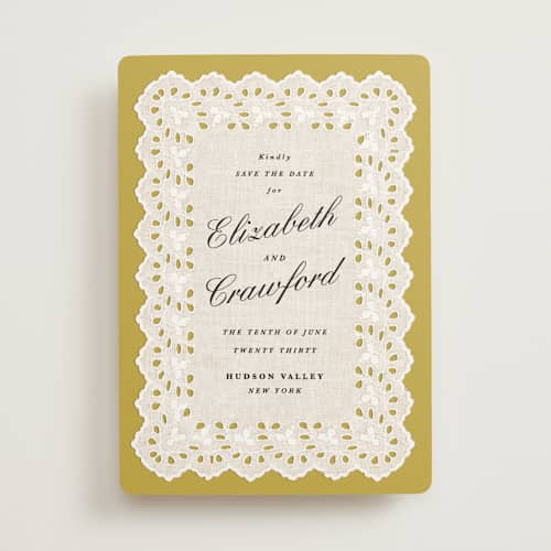 This is a citrine save the date with standard by Olivia Kanaley Inman called eyelet printing on signature in standard