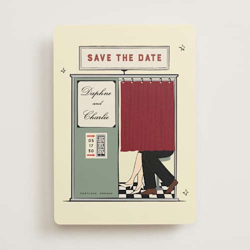 This is a vintage save the date with standard by Jennifer Lew called photobooth printing on signature in standard