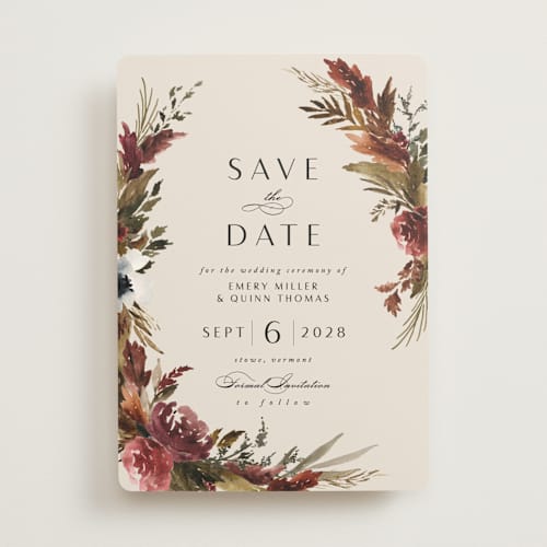 This is a autumn save the date with standard by Kate Ahn called poetique printing on signature in standard