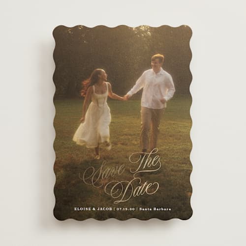 This is a ivory foil stamped save the date cards with foil pressed by Shirley Lin Schneider called classic romanticism printing on recycled smooth signature in standard