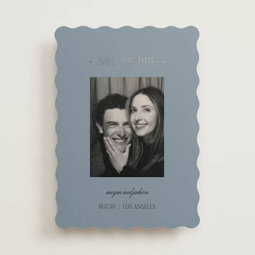 This is a celestial foil stamped save the date cards with foil pressed by Kelly Watkins called so luxe printing on recycled smooth signature in standard