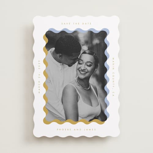This is a aqua save the date with standard by Baumbirdy called wavy frame printing on recycled smooth signature in standard