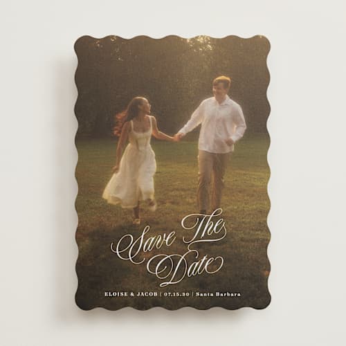 This is a ivory save the date with standard by Shirley Lin Schneider called classic romanticism printing on recycled smooth signature in standard