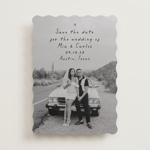 This is a noir save the date with standard by Olivia Raufman called noted printing on recycled smooth signature in standard