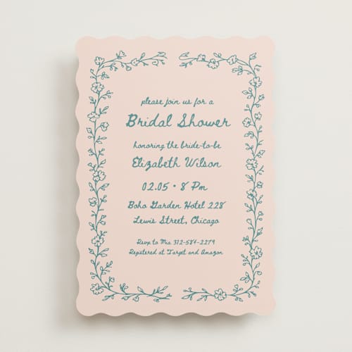 This is a turquoise bridal shower invitations with standard by Rina Ozum called floral lace printing on signature in standard
