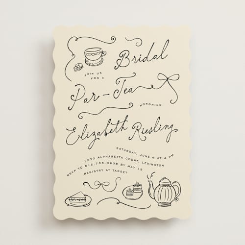 This is a sand bridal shower invitations with standard by Creo Study called vintage par-tea printing on signature in standard