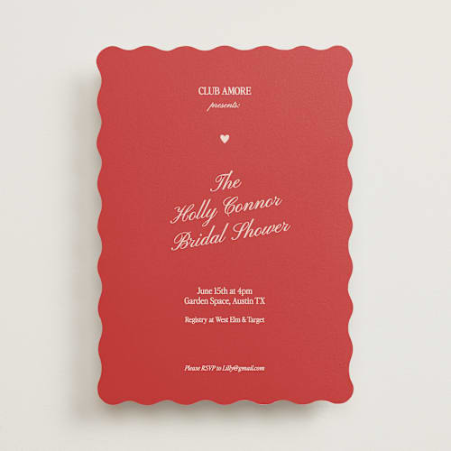 This is a ruby bridal shower invitations with standard by Helena Vitto called club amore printing on signature in standard