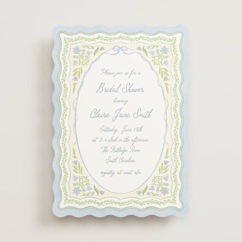 This is a powder blue bridal shower invitations with standard by Creo Study called folk garden printing on signature in standard