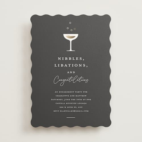 This is a midnight engagement party invitations with foil pressed by mo kelley called libations printing on signature in standard